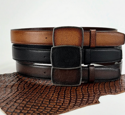 Del Cesar Deer Print Rectangular Buckle Leather Belt - Honey, Black, Burned