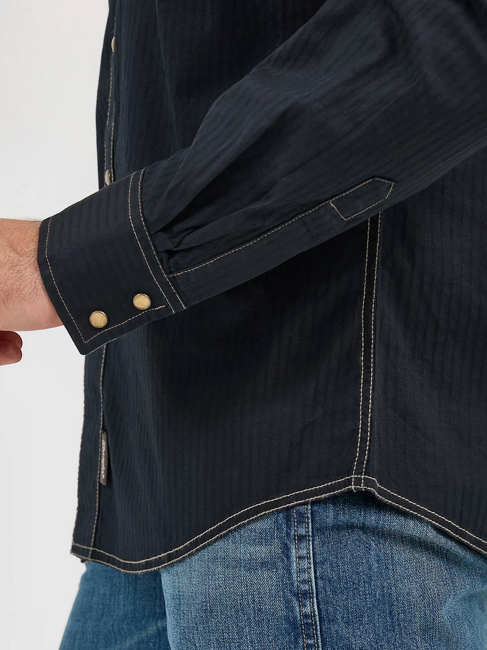 Wrangler Mens Retro Long Sleeve Western Snap Solid Dobby Shirt - Black