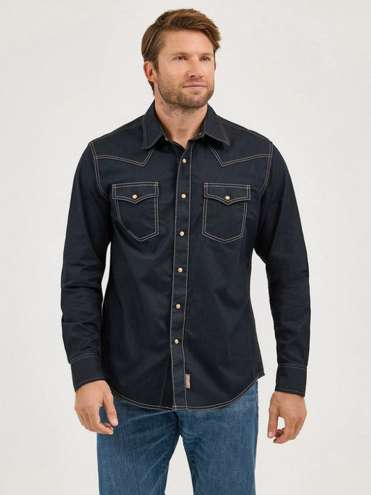 Wrangler Mens Retro Long Sleeve Western Snap Solid Dobby Shirt (Black)