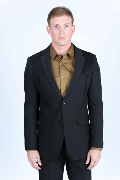 Platini Mens Coat with Suede Yokes and Elbow Patches (Black)