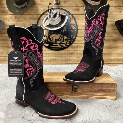 White Diamond Womens Nobuck Embroidered boot - Black/fuchsia