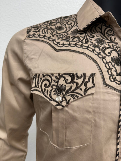 Lamasini Mens Western Embroidered Floral Long-Sleeve Shirt - Beige
