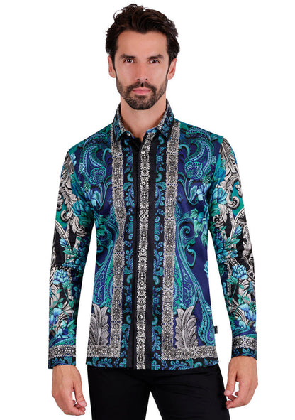 Barabas Mens Tending Flair Rhinestone Long Sleeve Shirt (Navy)
