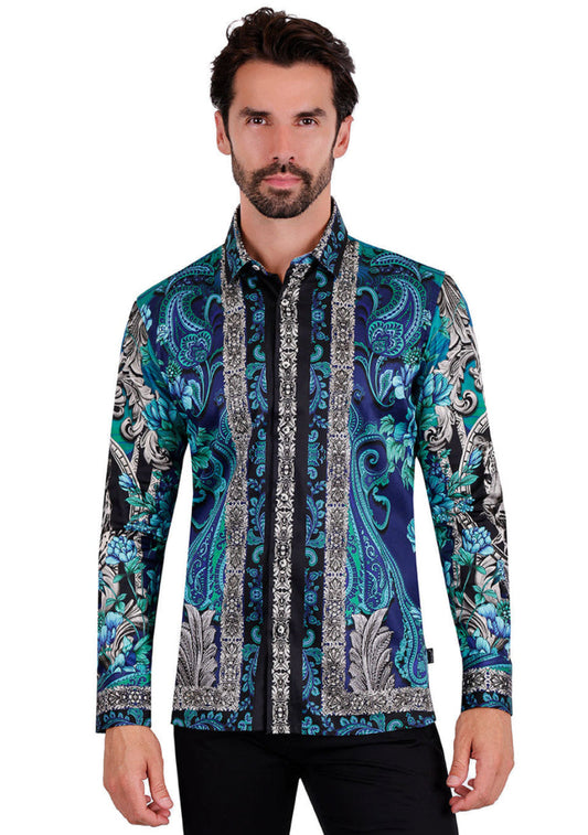 Barabas Mens Tending Flair Rhinestone Long Sleeve Shirt (Navy)