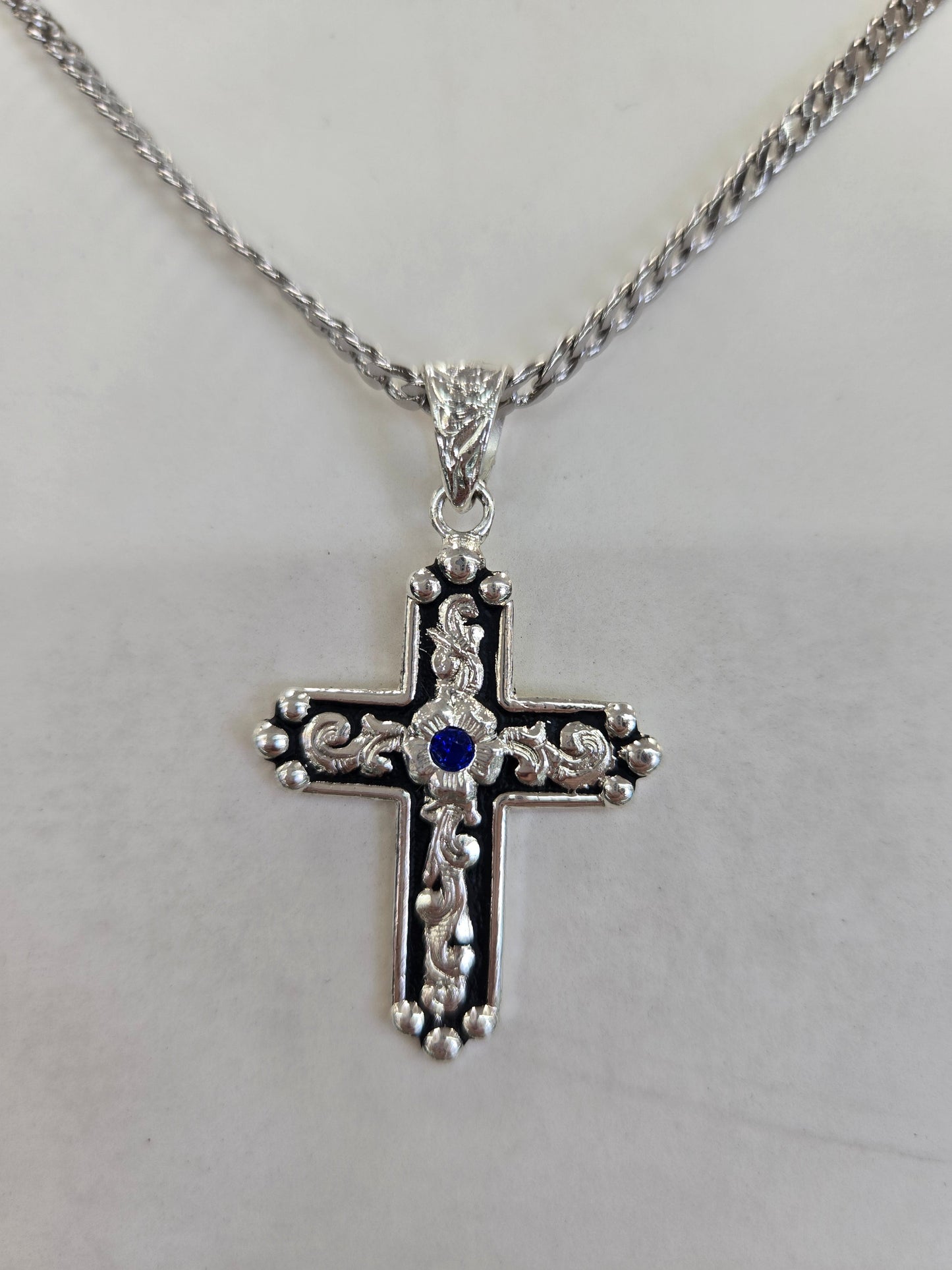 Silver Strike Silver & Black Blue Stone Cross Necklace