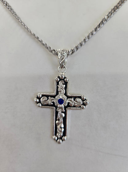 Silver Strike Silver & Black Blue Stone Cross Necklace