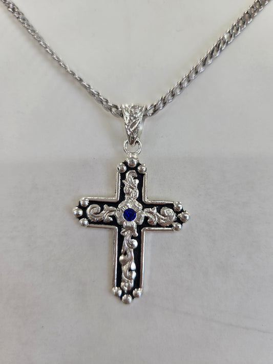 Silver Strike Silver & Black Blue Stone Cross Necklace