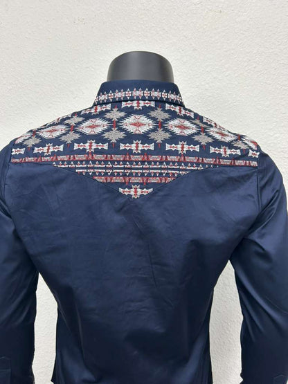 Lamasini Mens Aztec Style Embroidery Long Sleeve Shirt - Black, Navy, White, Olive