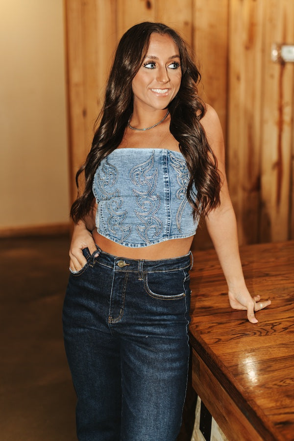 Lucky and Blessed Womens Embroidered Denim Tie Up Corset