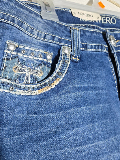Montero Womens Feather Embroidered Bootcut Jeans - Blue