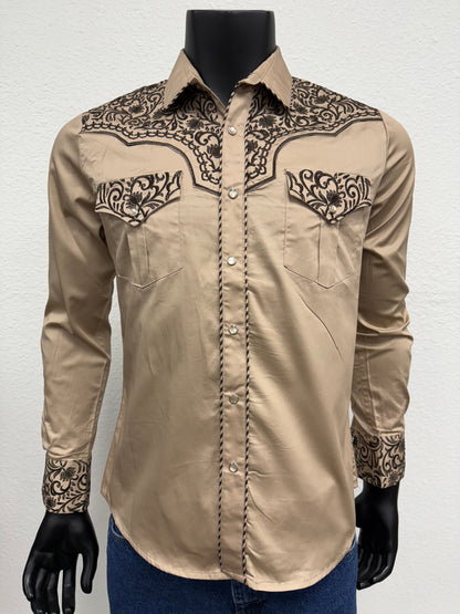 Lamasini Mens Western Embroidered Floral Long-Sleeve Shirt - Beige