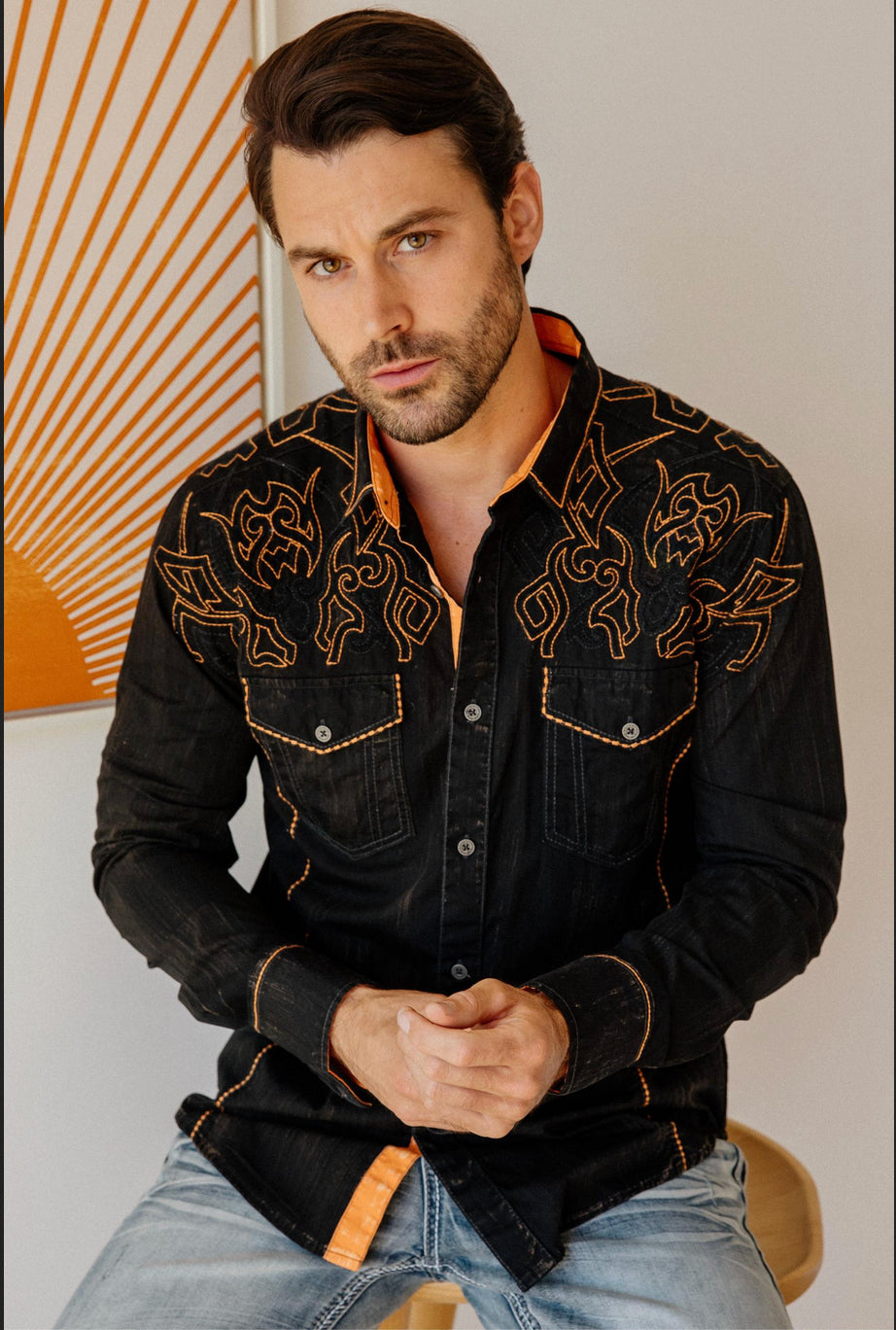 Platini Mens Vintage Washed 2-tone Embroidery Modern Fit Stretch Shirt (Black and Orange)