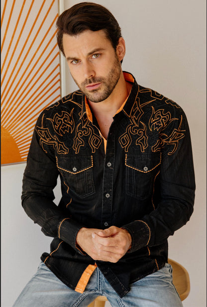 Platini Mens Vintage Washed 2-tone Embroidery Modern Fit Stretch Shirt (Black and Orange)