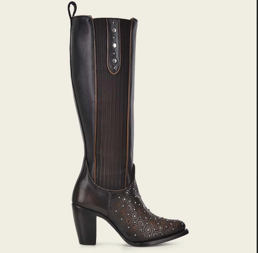 Cuadra Womens Bovine Leather and Laser Engraving Tall High Heel Boot - Maple