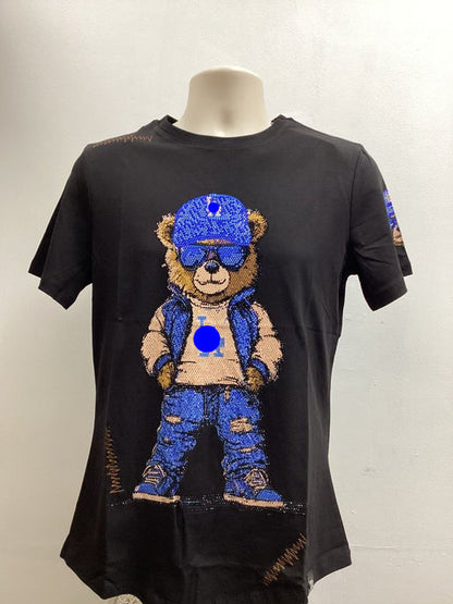 Mens Blue Bear Rhinestone Slim Fit  TShirt