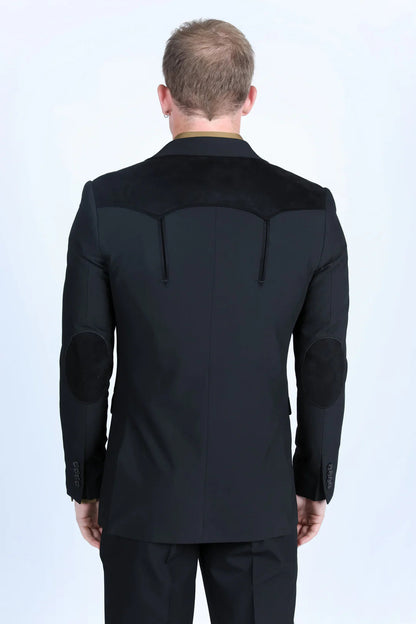 Platini Mens Coat with Suede Yokes and Elbow Patches (Black)