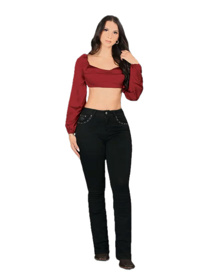Lamasini Womens Wing Design Boot Cut Jeans - Black
