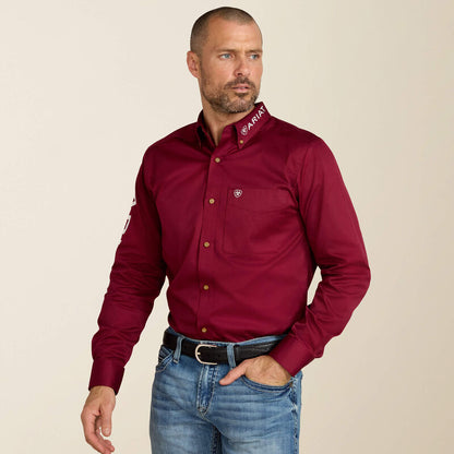 Ariat Mens Team Logo Twill Fitted Shirt - Burgundy/White