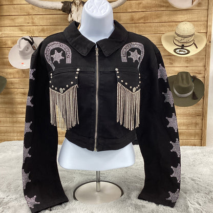 Womens Rhinestone Fringe Jacket w/ Star and Horse-show Rhinestones