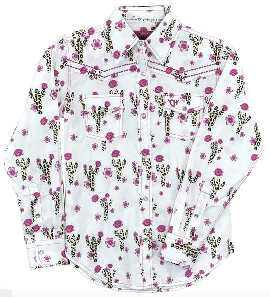 Cowgirl Hardware Kids Leopord Cactus Print Shirt - White/Pink