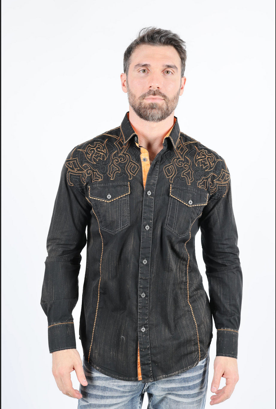 Platini Mens Vintage Washed 2-tone Embroidery Modern Fit Stretch Shirt (Black and Orange)