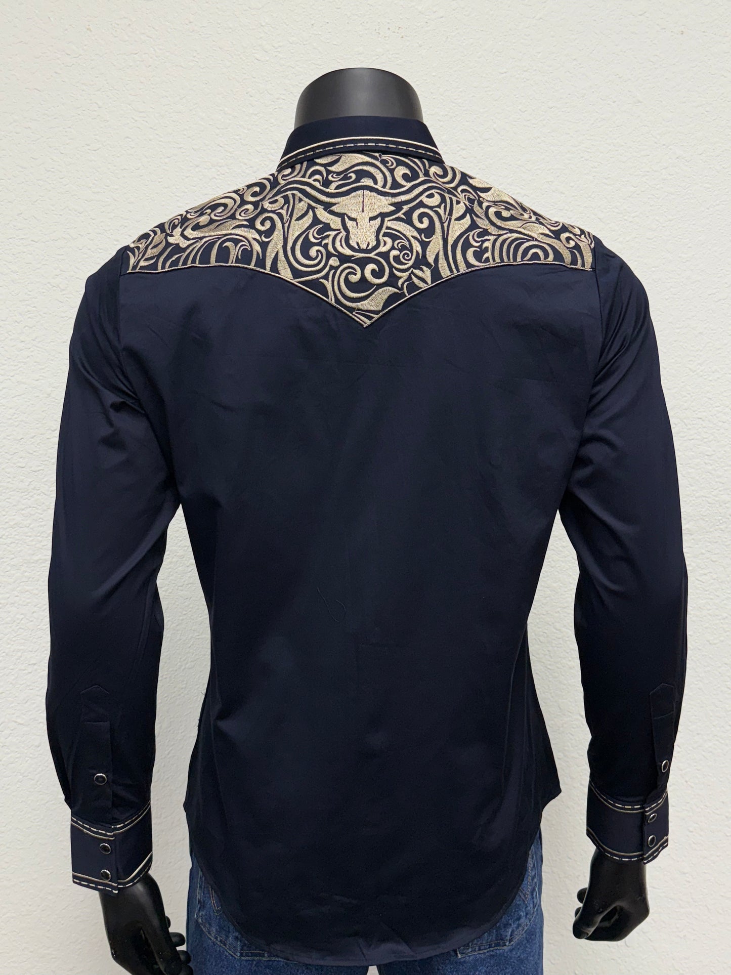 Montero Mens Western Embroidered Bull Long Sleeve Shirt - Black, Navy, White
