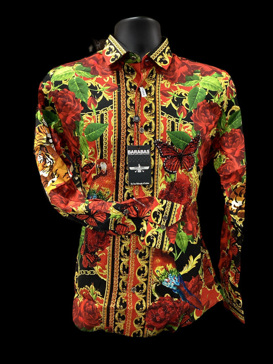 Barabas MenS Shirt Tiger and Butterfly Rhinestone
