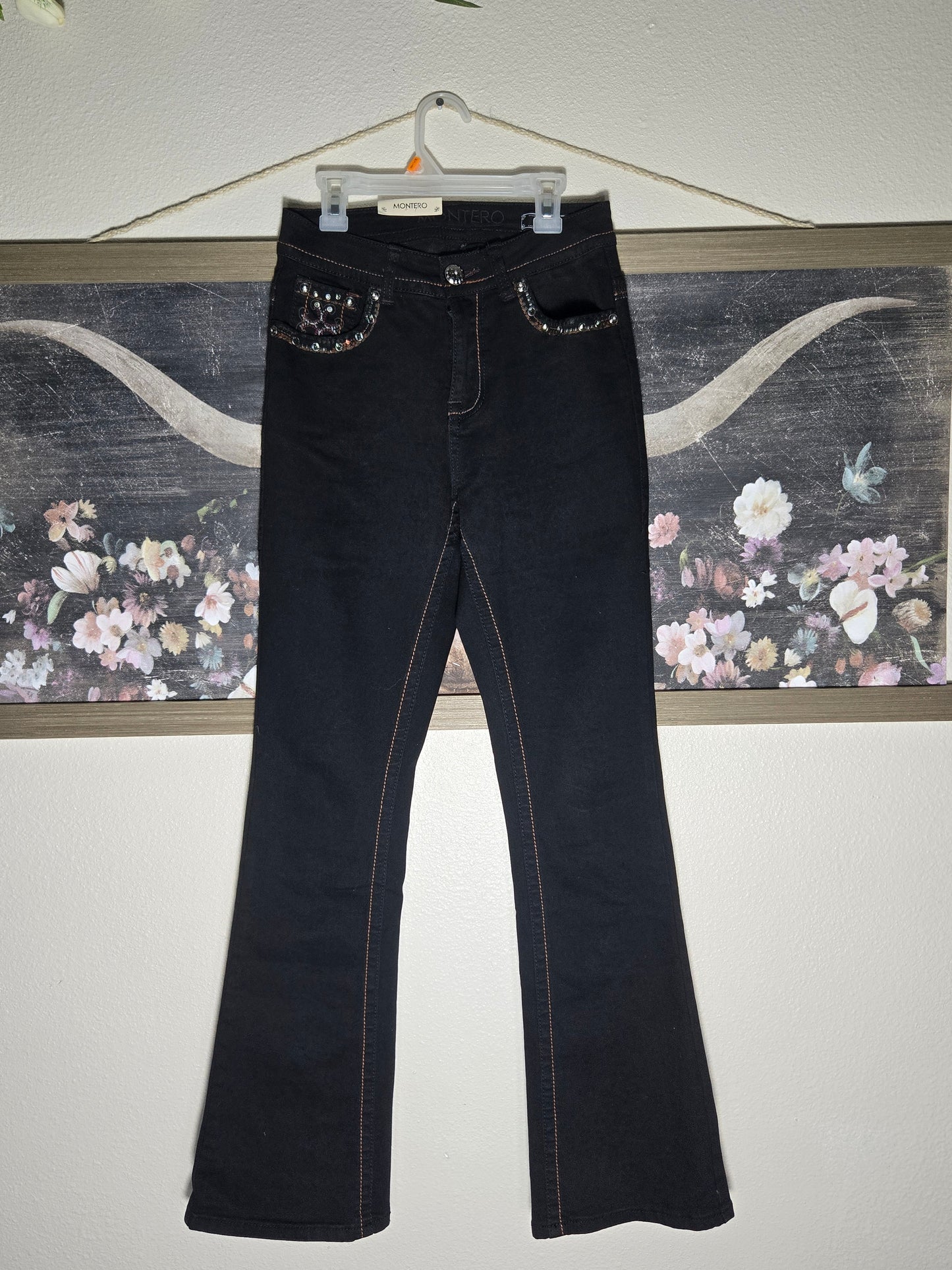 Montero Womens Horseshoe Design Bootcut Jeans - Black