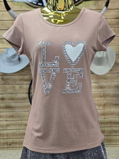 Aronia Womens Rhinestone Love Shirt (Mocha)