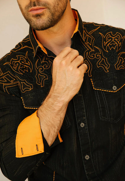 Platini Mens Vintage Washed 2-tone Embroidery Modern Fit Stretch Shirt (Black and Orange)