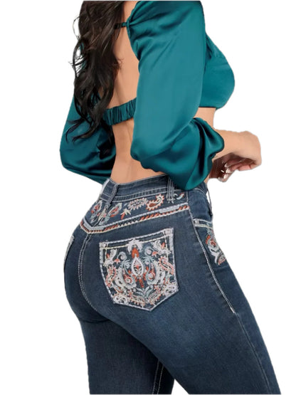 Lamasini Womens Emroidered Leaf Bootcut Jeans - Dark Blue
