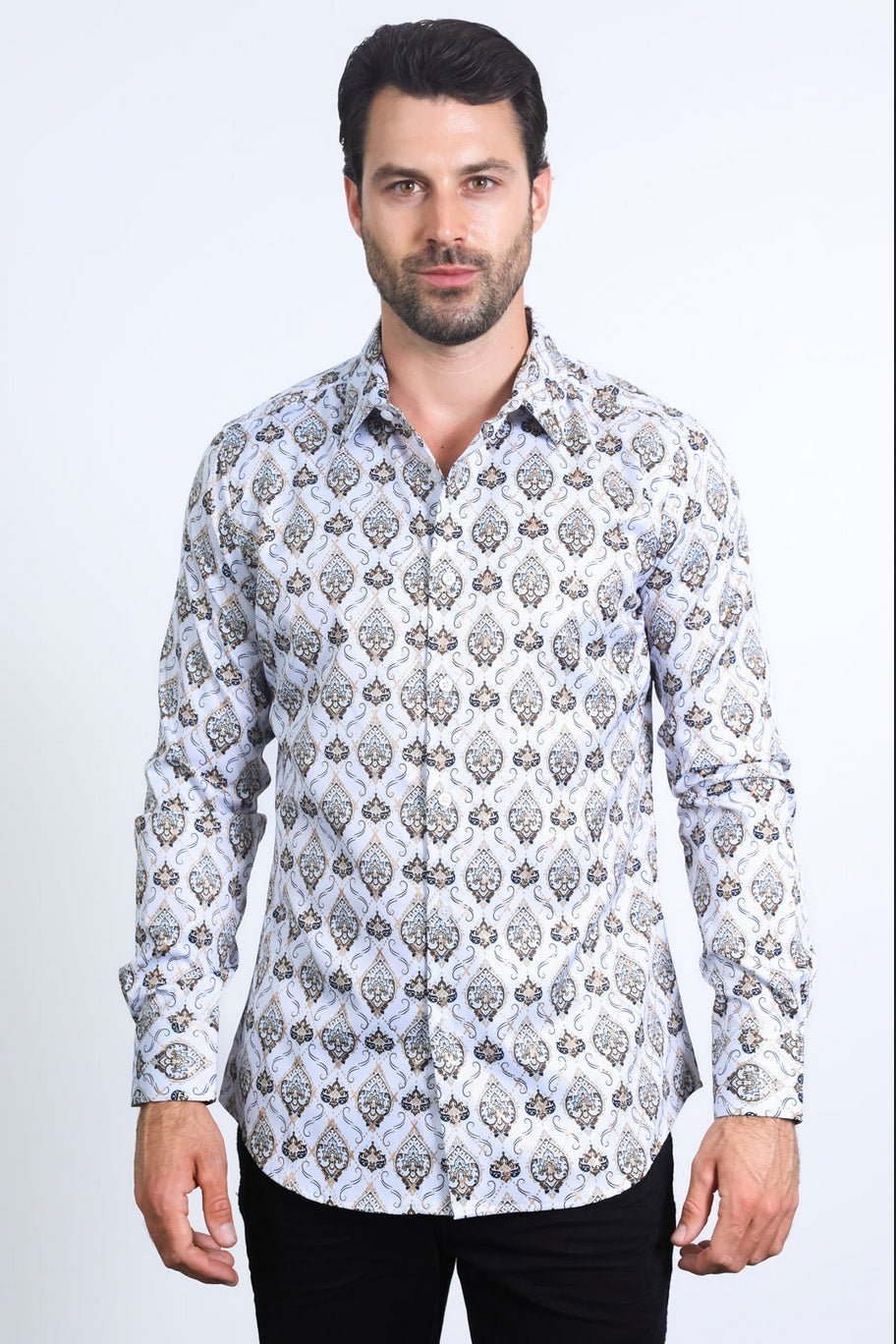 Platini Mens Modern Fit Stretch Foil Fashion (White/Khaki)