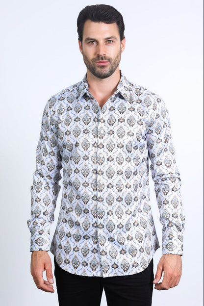 Platini Mens Modern Fit Stretch Foil Fashion (White/Khaki)