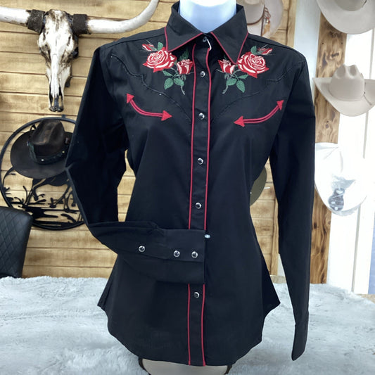 Lamasini Womens Shirt Embroidered with Flowers (Black)