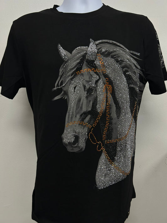 Mens Horse Rhinestone Slim Fit Tshirt