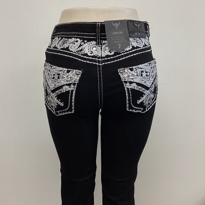 Lamasini Womens Black Silver Scroll Bootcut Jean L763