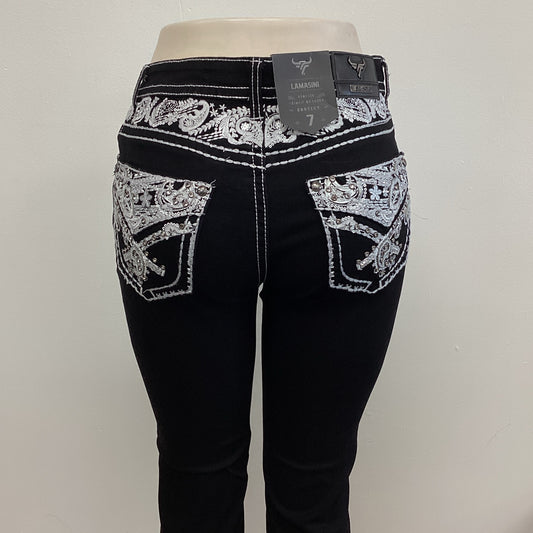 Lamasini Womens Black Silver Scroll Bootcut Jean L763