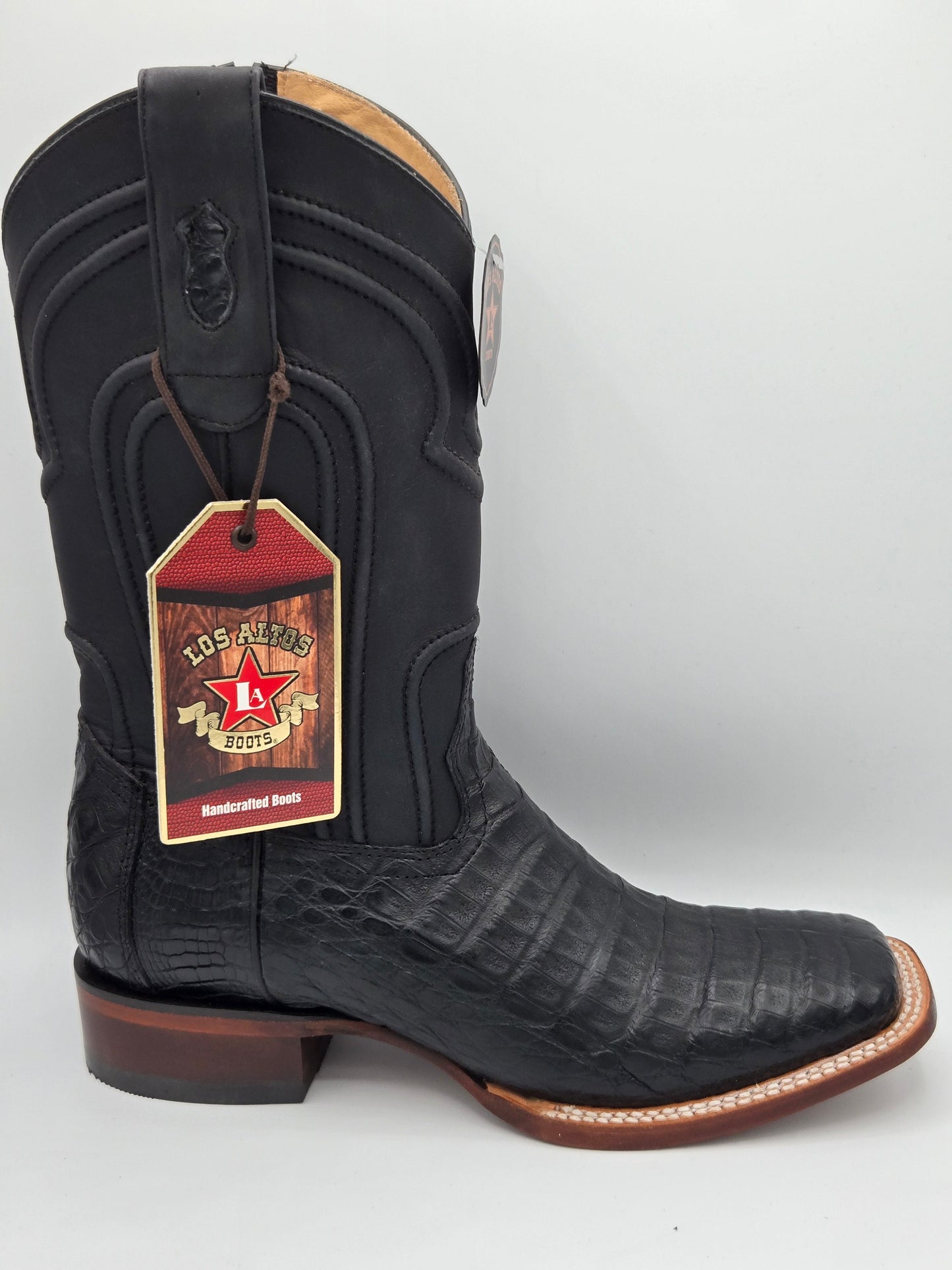 Los Altos Mens Caiman Belly Wide Square Toe - Black