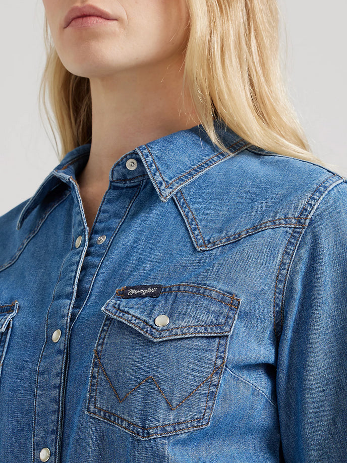 Wrangler Womens Retro Long Sleeve Western Snap Denim Dress