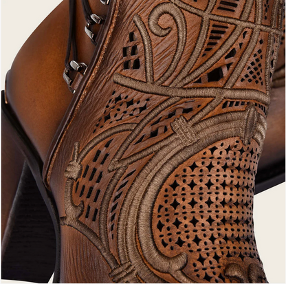 Cuadra Womens Emroidered High Heel Bootie - Honey Chestnut