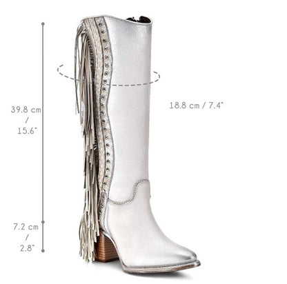 Cuadra Womens Cordova w/ Zipper, Studs, and Fringe Tall Boot- White