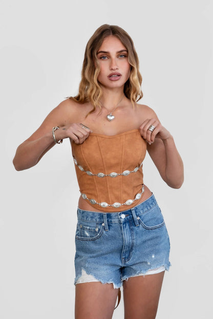 Glendora Distressed PU Leather Corset Top (Tan)