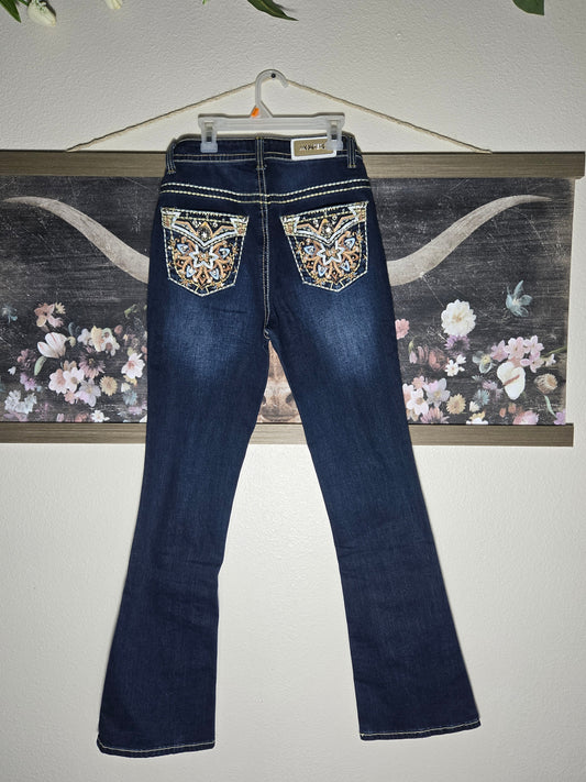 Montero Womens Flower Designed Bootcut Jeans - Dark Blue