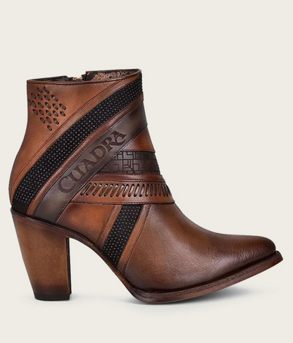 Cuadra Womens Engraved Bovine Leather High Heel Bootie - Honey