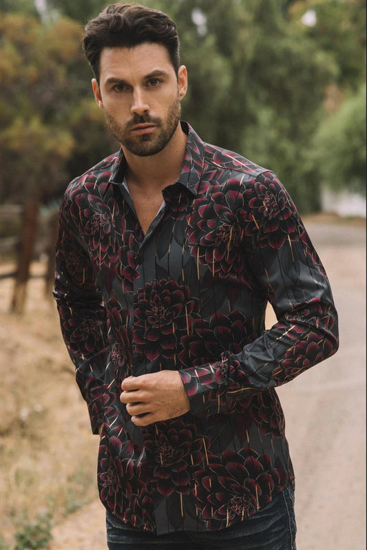 Platini Mens Modern Fit Stretch Floral Print Shirt (Black)