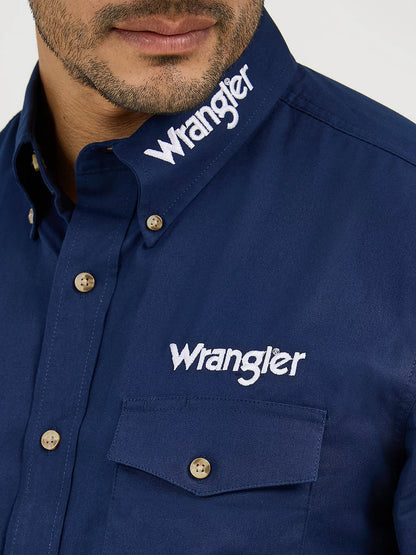Wrangler Mens Logo Long Sleeve Button Down Solid Shirt (Navy)