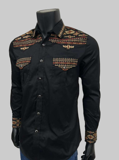 Lamasini Mens Aztec Style Embroidery Long Sleeve Shirt - Black, Navy, White, Olive
