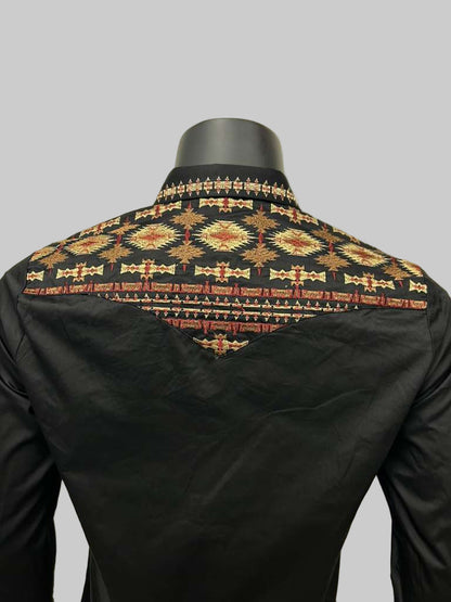 Lamasini Mens Aztec Style Embroidery Long Sleeve Shirt - Black, Navy, White, Olive