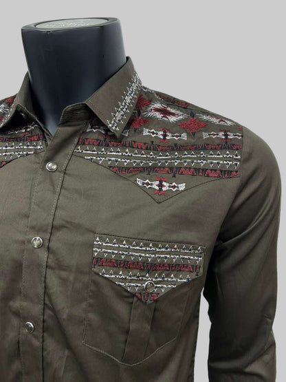 Lamasini Mens Aztec Style Embroidery Long Sleeve Shirt - Black, Navy, White, Olive