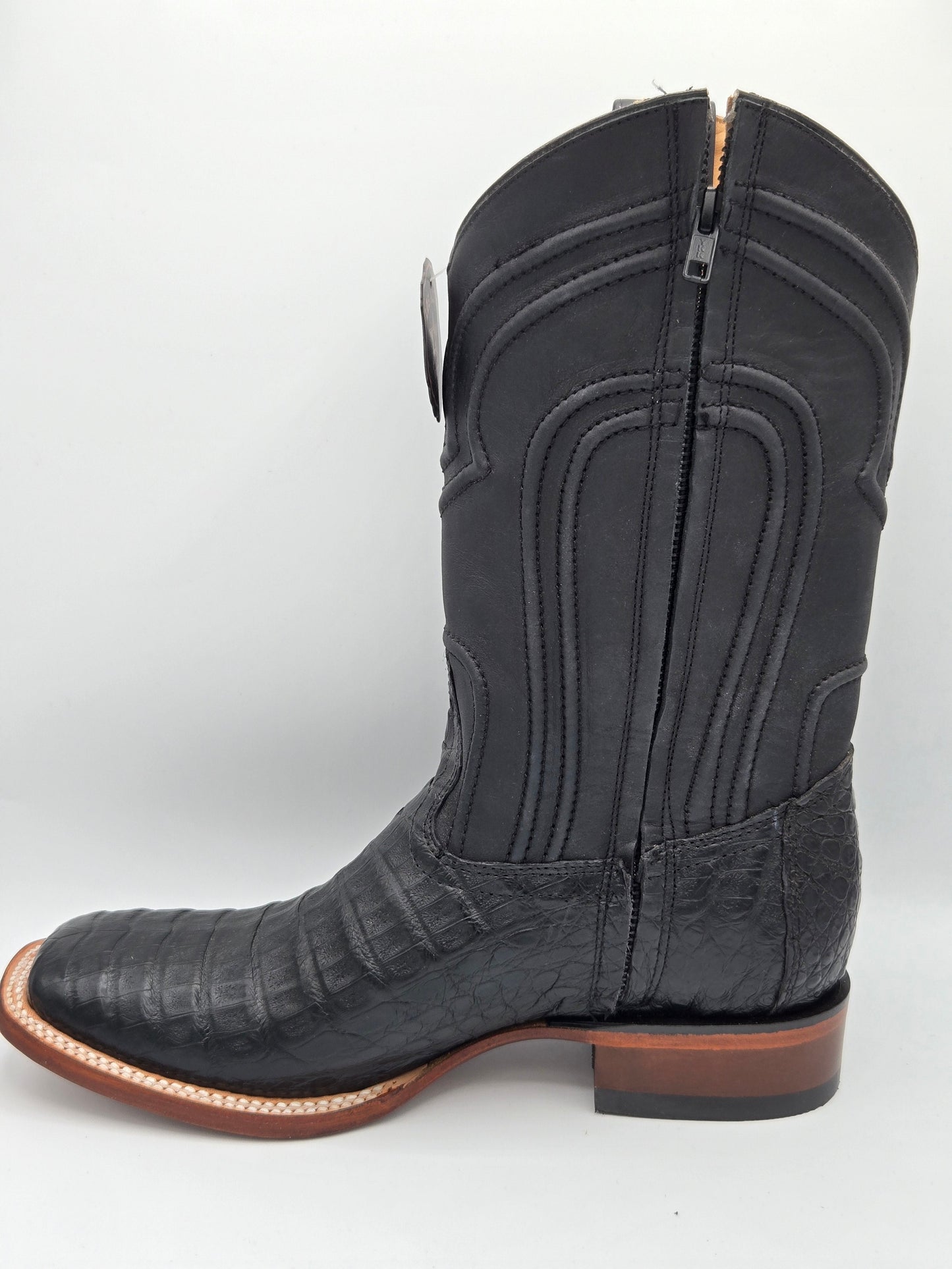 Los Altos Mens Caiman Belly Wide Square Toe - Black